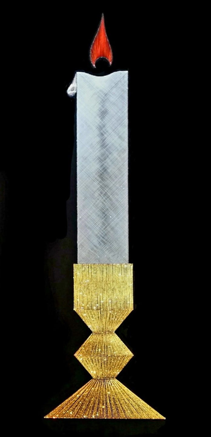 Torch of Humanity, a six-foot sculpture by MikeBerti, worked in Swarovski crystal, nail, and string, photographed against black.